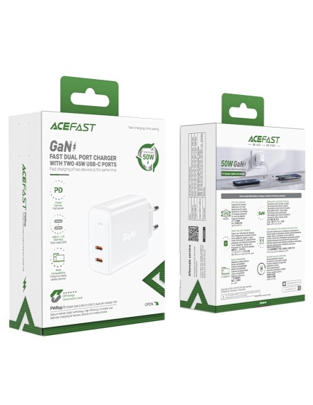 Caricabatterie Acefast GaN USB Tipo C 50W, PD, QC 3.0, AFC, FCP bianco